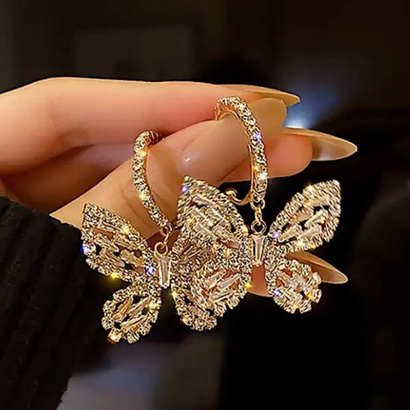 Gold 18K GP Diamond Butterfly Dangle Earrings - Picture 1 of 6